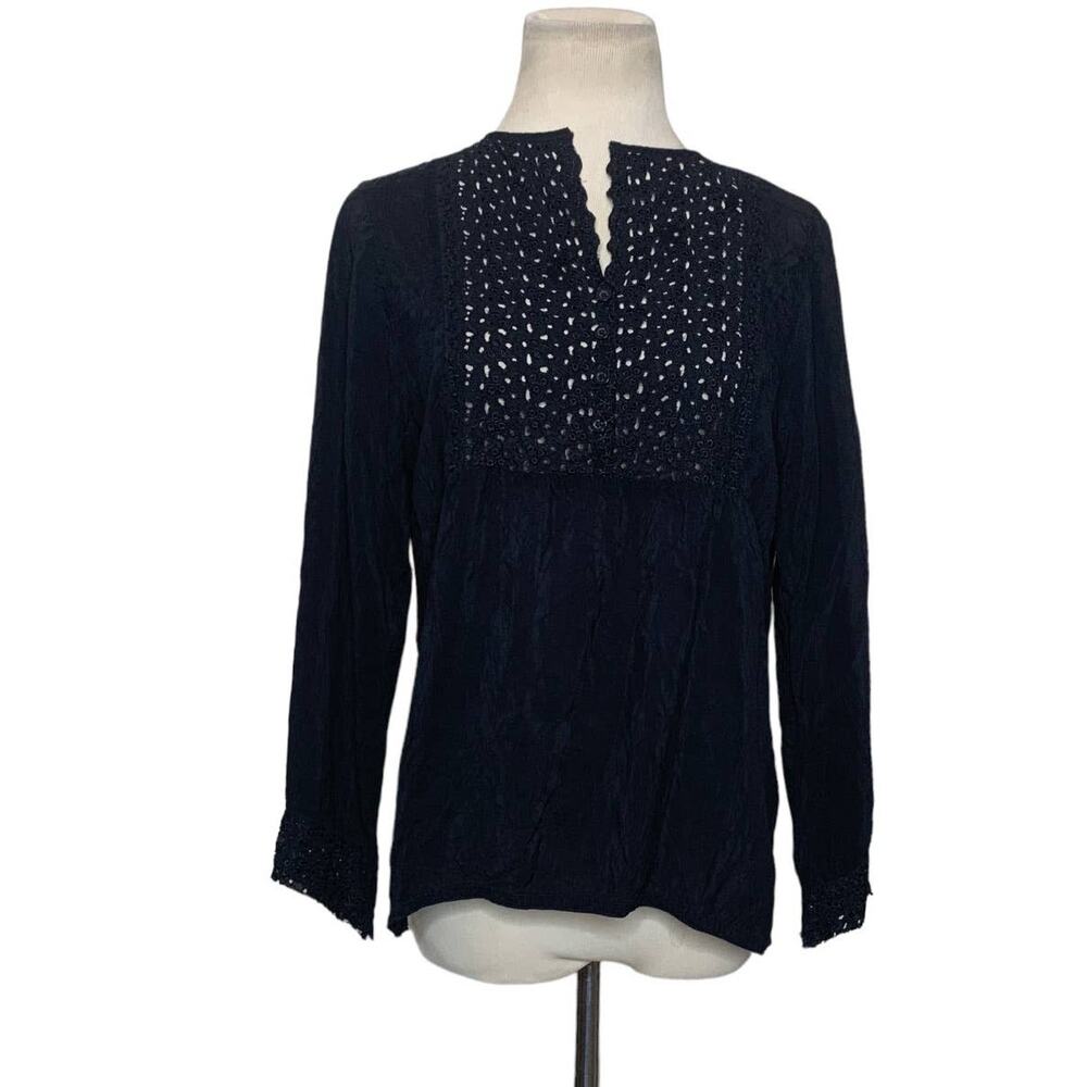 Johnny Was Black Long Sleeves Lace Detail Tunic Blouse size Small
